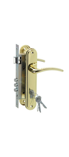 Замок врезной цилиндровый с защёлкой в комплекте с ручкой ЗВ4-85.27 (золото-лак), 4 кл. | Алюминий, -