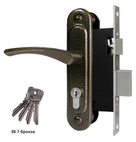 Замок врезной цилиндровый с защёлкой в комплекте с ручкой ЗВ7 (бронза), 4 кл.