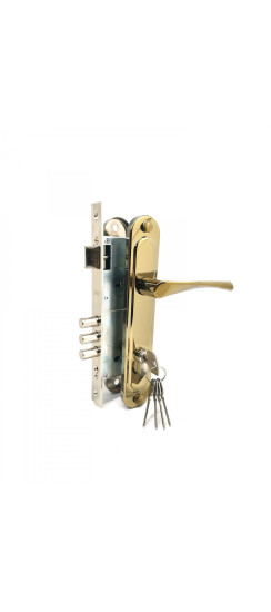 Замок врезной цилиндровый с защёлкой в комплекте с ручкой ЗВ4-85.3 (золото лак), 5 кл. | Алюминий, 12 мм