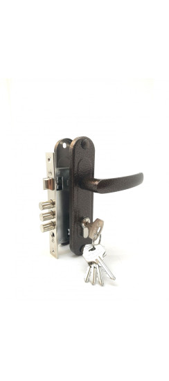 Замок врезной цилиндровый с защёлкой в комплекте с ручкой ЗВ7-60.1-02 (медь), 5 кл. | Алюминий, 12 мм