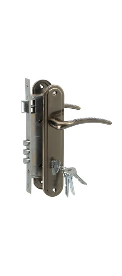 Замок врезной цилиндровый с защёлкой в комплекте с ручкой ЗВ4-85.27 (ант.бронза), 4 кл. | Алюминий, -