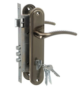 Замок врезной цилиндровый с защёлкой в комплекте с ручкой ЗВ4-85.27 (ант.бронза), 4 кл.