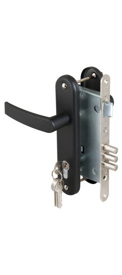 Замок врезной цилиндровый с защёлкой в комплекте с ручкой ЗВ4-3 (черный муар), 5 кл. /78401/ | Алюминий, 10,7 мм