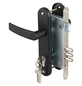 Замок врезной цилиндровый с защёлкой в комплекте с ручкой ЗВ4-3 (черный муар), 5 кл. /78401/