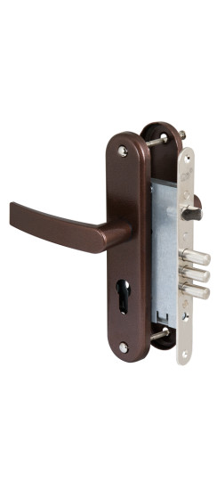 Корпус врезного замка с защёлкой ЗВ4-31/55 (медный антик) с ручкой