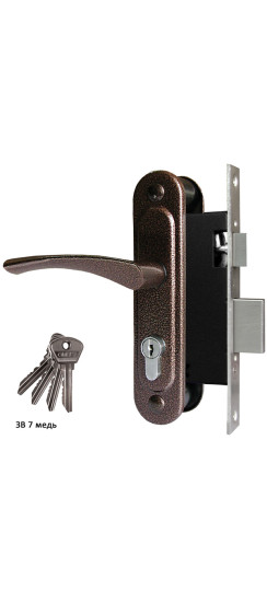 Замок врезной цилиндровый с защёлкой в комплекте с ручкой ЗВ7 (медь), 4 кл. | Алюминий, 35 мм