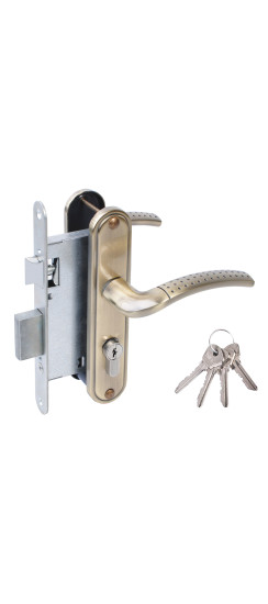 Замок врезной цилиндровый с защёлкой в комплекте с ручкой ЗВ4-55.27 (ант.бронза), 4 кл. | Алюминий, -