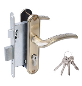 Замок врезной цилиндровый с защёлкой в комплекте с ручкой ЗВ4-55.27 (ант.бронза), 4 кл.