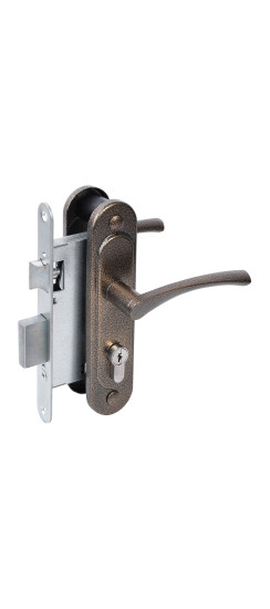 Замок врезной цилиндровый с защёлкой в комплекте с ручкой ЗВ4-3/07 (бронза антик), 4 кл. | Алюминий, -