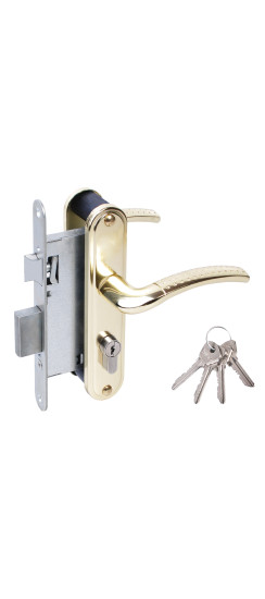 Замок врезной цилиндровый с защёлкой в комплекте с ручкой ЗВ4-55.27 (золото-лак), 4 кл. | Алюминий, -