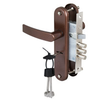 Замок врезной сувальдный с защёлкой в комплекте с ручкой ЗВ9-8/13 (медный антик), 3 кл. /84301/