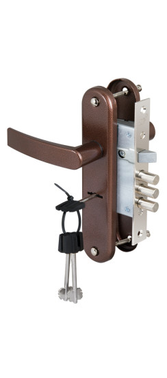 Замок врезной сувальдный с защёлкой в комплекте с ручкой ЗВ9-8/13 (медный антик), 3 кл. /84301/ | Алюминий/Сталь, 12 мм