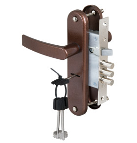 Замок врезной сувальдный с защёлкой в комплекте с ручкой ЗВ9-8/13 (медный антик), 3 кл. /84301/