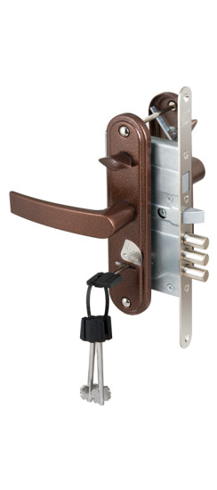 Замок врезной сувальдный с защёлкой в компл с ручкой ЗВ9-8.3/13(КЛП5-85)прав (медн ант), 3 кл/88010/ | Алюминий/Сталь, 12 мм