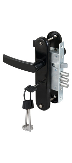 Замок врезной сувальдный с защёлкой в комплекте с ручкой ЗВ9-8/13 (черный муар), 3 кл. /76704/ | Алюминий/Сталь, 12 мм