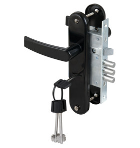 Замок врезной сувальдный с защёлкой в комплекте с ручкой ЗВ9-8/13 (черный муар), 3 кл. /76704/