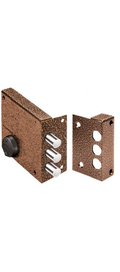 Замок накладной Кремень 1.04.61.КМА никель, сув., 3 риг., зап. коробка, медный антик | Сталь, 12 мм