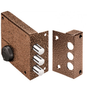 Замок накладной Кремень 1.04.61.КМА никель, сув., 3 риг., зап. коробка, медный антик