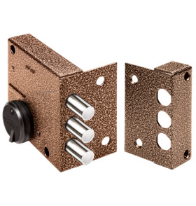 Замок накладной Кремень 1.04.51.КМА, никель, сув., 3 риг., зап. коробка, медный антик /32383/