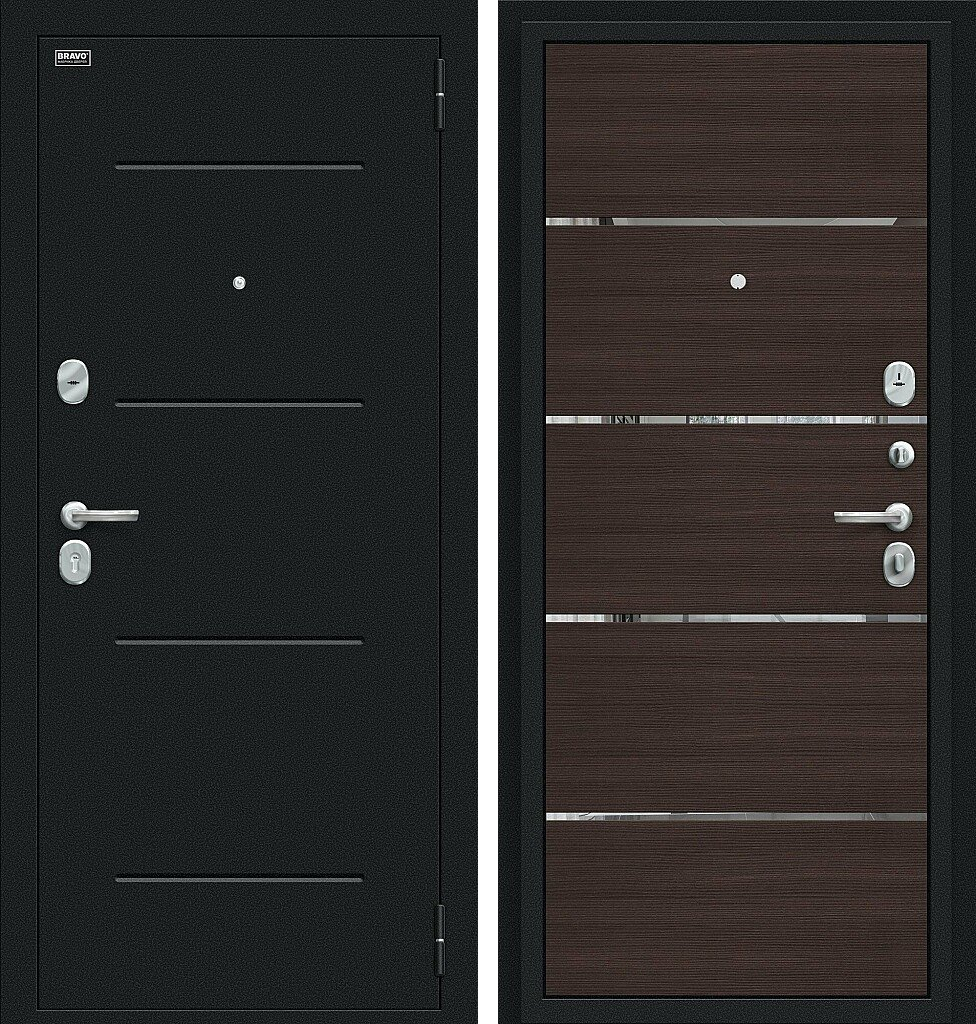 Входная дверь Лайн, цвет: Букле черное/Wenge Veralinga, из серии: Bravo R, размер: 205*96, открывание: Правое